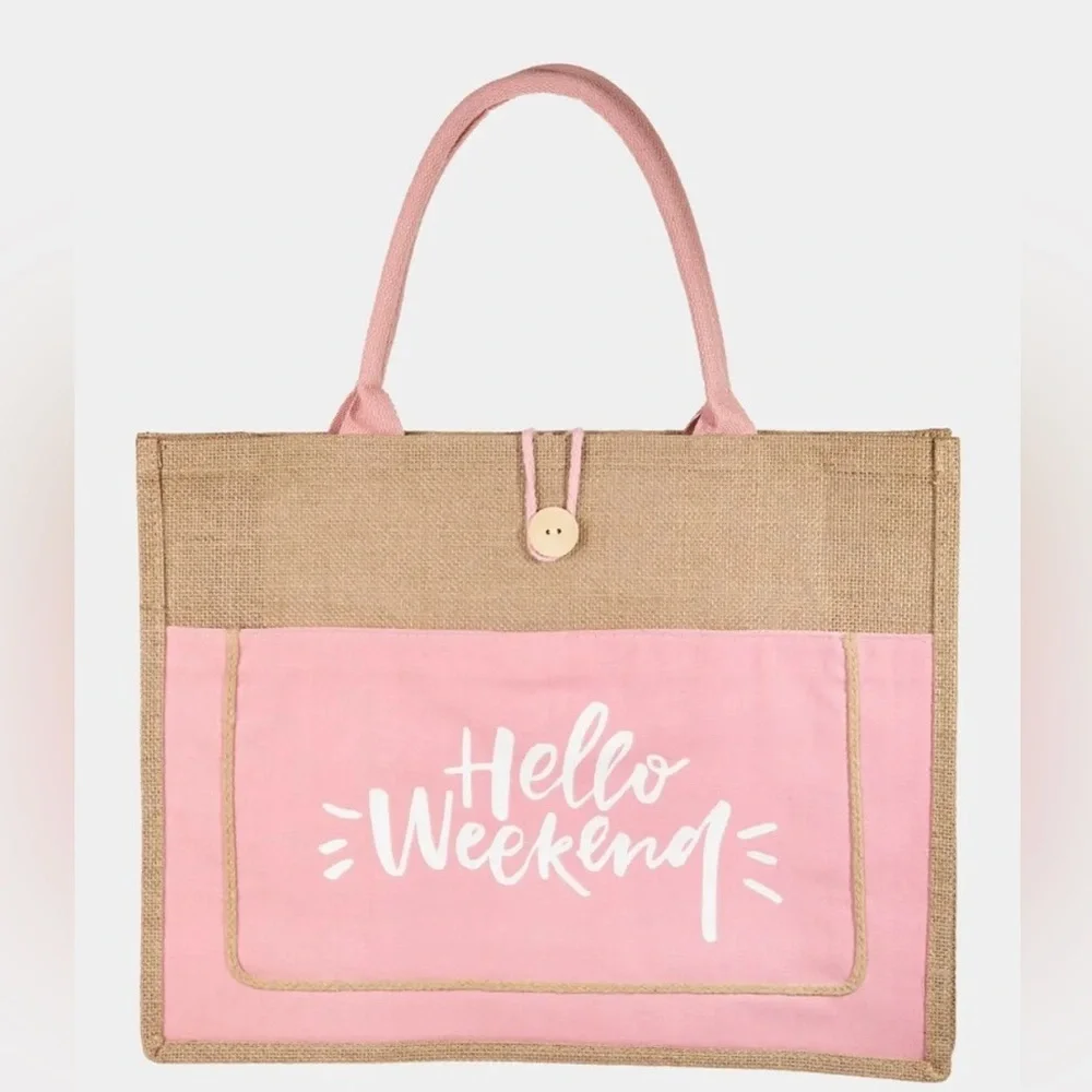 Fame Hello Weekend Burlap Tote Bag - Picture 8 of 8